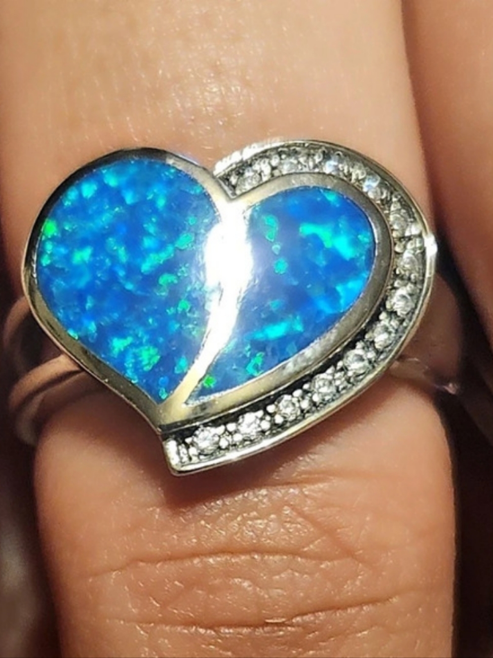 925 Sterling Silver Heart Blue Opal-Style Ring